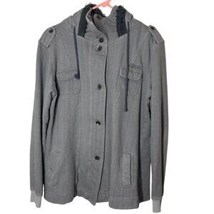 Ezekiel Herringbone Button Hoodie Jacket Gray Fleece Lined Pockets Y2K Men’s XL